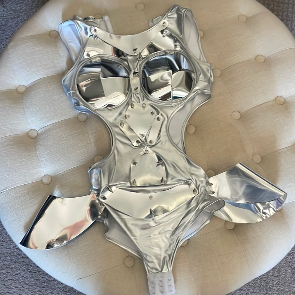 Silver bodysuit costume festival rave
